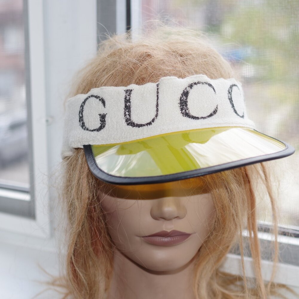 Gucci Transparent Yellow Logo Print Visor Hat Size XL